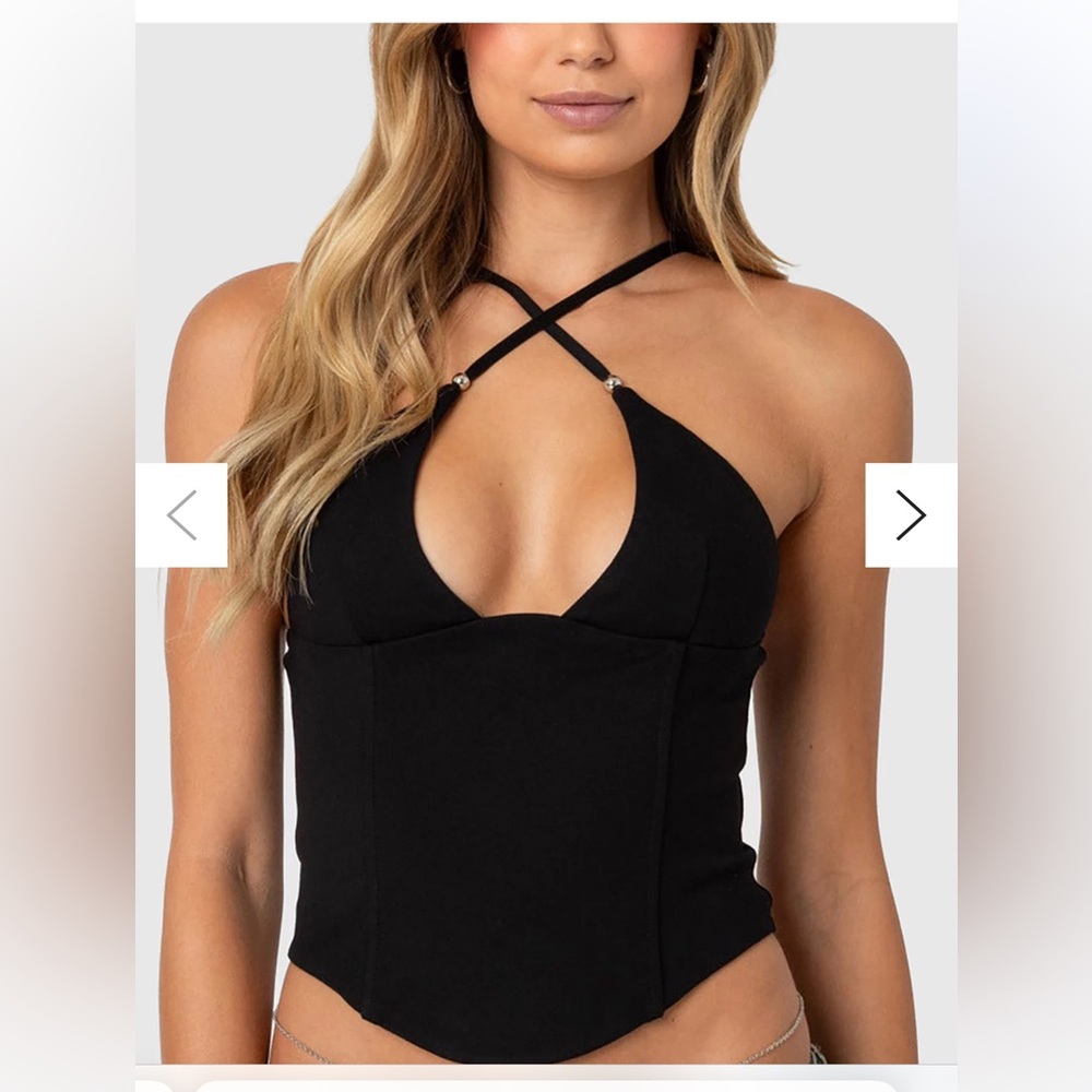 Edikted Lou Crossover Beaded Black Corset Top Small